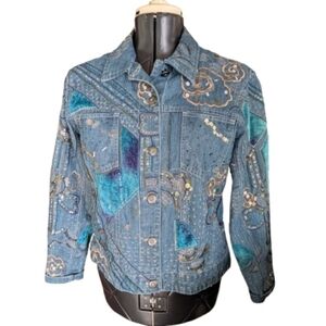Chico's Blue Denim Jacket with Teal and Turquoise Accents Size 1 Medium